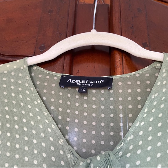 Adèle Fado 100% Silk Sage Green Polka Dot Blouse with Pleated Tie Neck - Picture 4 of 9